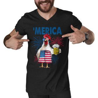 Merica Funny Chicken With Beer Usa Flag 4Th Of July Men V-Neck Tshirt - Thegiftio UK