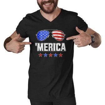 Merica Sunglasses With Usa Flag For Independence Day Men V-Neck Tshirt | Mazezy