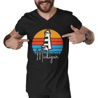 Michigan Great Lakes Lighthouse Beach Town Graphic Design Printed Casual Daily Basic Men V-Neck Tshirt - Thegiftio UK