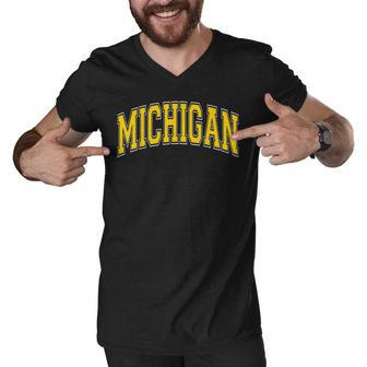 Michigan Mi Varsity Style Maize Font Men V-Neck Tshirt - Thegiftio UK