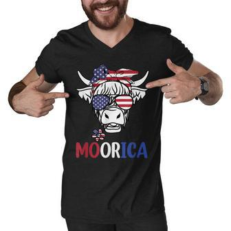 Moorica Highland Cow 4Th Of July Design Usa Patriotic Cow V2 Men V-Neck Tshirt - Seseable