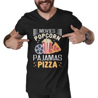 Movies Popcorn Pajamas Pizza Movie Evening Lover Gift Men V-Neck Tshirt - Monsterry DE