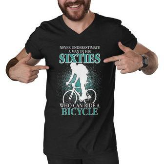 Never Underestimate A Man In His Sixties Who Can Ride A Bicycle Tshirt Men V-Neck Tshirt - Monsterry