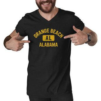 Orange Beach Al Alabama Gym Style Distressed Amber Print Men V-Neck Tshirt | Mazezy