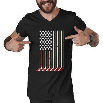 Patriotic Us American Hockey Sticks And Stars Stripes Flag Gift Men V-Neck Tshirt - Monsterry