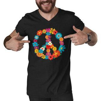 Peace Love | 60S 70S Hippie Costume Colorful Flowers Men V-Neck Tshirt - Thegiftio UK