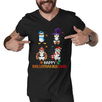 Penguin Halloween And Merry Christmas Happy Hallothanksmas Sweatshirt Men V-Neck Tshirt - Thegiftio UK