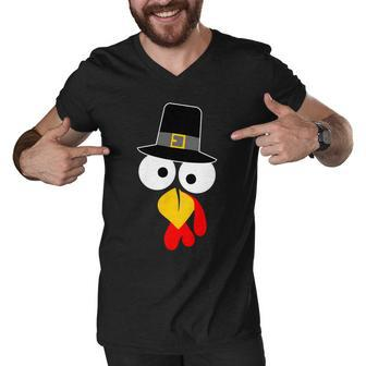 Pilgrim Turkey Big Face Thanksgiving Tshirt Men V-Neck Tshirt - Monsterry DE
