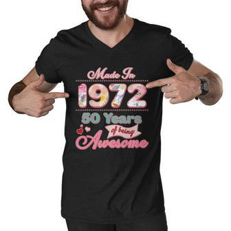 Pink Floral Made In 1972 50 Years Of Being Awesome Birthday Men V-Neck Tshirt - Monsterry DE