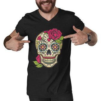 Pink Rose Sugar Skull Dia De Los Muertos Mexican Halloween Men V-Neck Tshirt - Thegiftio UK