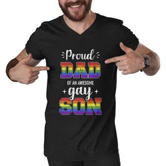 Proud Dad Of Awesome Gay Son Rainbow Pride Month Family Meaningful Gift Men V-Neck Tshirt - Monsterry DE