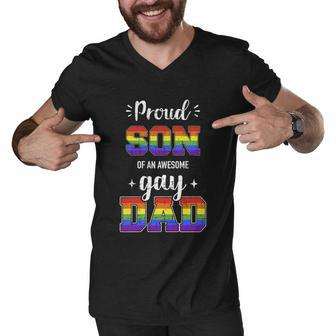 Proud Son Of Awesome Gay Dad Rainbow Pride Month Family Great Gift Men V-Neck Tshirt - Monsterry