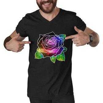 Rainbow Galaxy Floral Rose Men V-Neck Tshirt - Monsterry