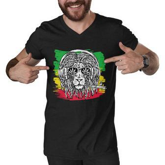 Rasta Lion With Glasses Smoking A Joint Men V-Neck Tshirt - Monsterry DE