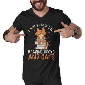 Reading Books And Cats Cat Book Lovers Reading Book Men V-Neck Tshirt - Thegiftio UK