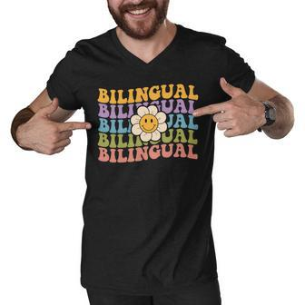 Retro Groovy Bilingual Teacher Back To School Men V-Neck Tshirt - Seseable