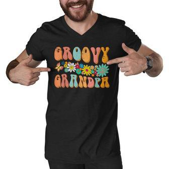 Retro Groovy Birthday Family Matching Cute Groovy Grandpa Men V-Neck Tshirt - Thegiftio UK