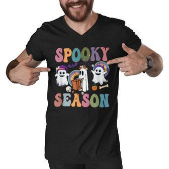 Retro Groovy Spooky Season Floral Ghost Pumpkin Halloween V3 Men V-Neck Tshirt - Thegiftio UK