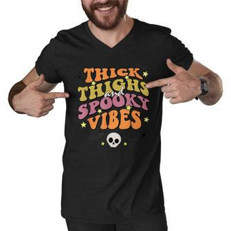 Retro Groovy Thick Thighs And Spooky Vibes Funny Halloween V2 Men V-Neck Tshirt - Seseable