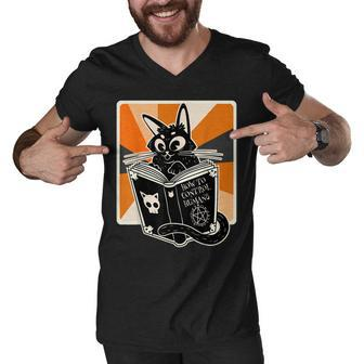 Retro Halloween Black Cat Funny Witch Book Cat Lover Men V-Neck Tshirt - Seseable
