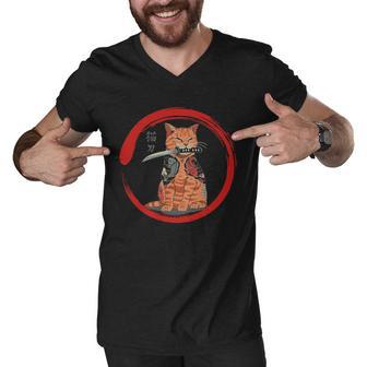 Samurai Cattana Emblem Men V-Neck Tshirt - Monsterry