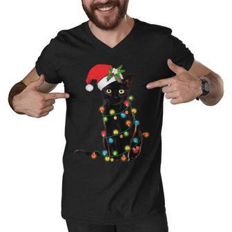 Santa Black Cat Tangled Up In Christmas Tree Lights Holiday Men V-Neck Tshirt - Seseable