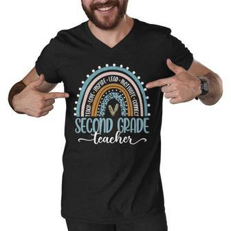 Second Grade Teacher Leopard Boho Rainbow Teachers Day Men V-Neck Tshirt - Seseable