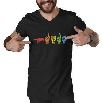 Sign Language Funny Rainbow Flag Gay Lgbt Deaf Asl Mute Gift Great Gift Men V-Neck Tshirt - Monsterry DE