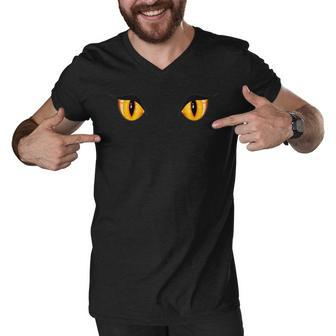 Spooky Creepy Ghost Black Cat Orange Eyes Halloween Men V-Neck Tshirt - Seseable