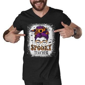Spooky Teacher Womens Messy Bun Bleached Halloween Teachers Men V-Neck Tshirt - Thegiftio UK