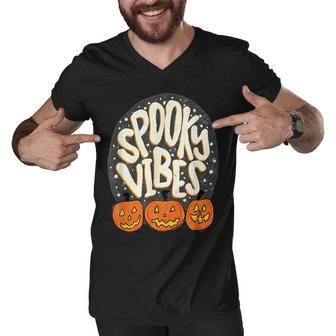 Spooky Vibes Pumpkin And Spiderweb Halloween Vintage Men V-Neck Tshirt - Seseable