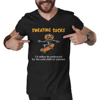 Sweating Sucks Skeleton Pumpkin Playing Skateboard Halloween Men V-Neck Tshirt - Seseable