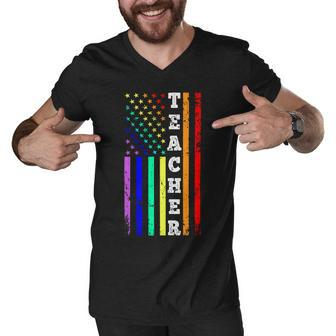 Teacher American Gay Pride Flag Men V-Neck Tshirt - Seseable