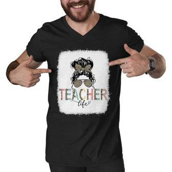 Teacher Life Bleached Shirt Teacher Life Royal Messy Bun Men V-Neck Tshirt - Seseable