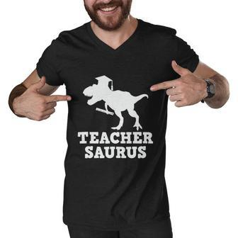 Teacher Saurus Dinosaur Trex Fun Teacher Graphic Plus Size Shirt For Teacher Men V-Neck Tshirt - Monsterry AU