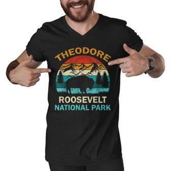 Theodore Roosevelt National Park North Dakota Buffalo Retro Men V-Neck Tshirt - Seseable