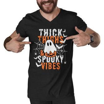 Thick Thighs And Spooky Vibes Funny Ghost Pumpkin Halloween Men V-Neck Tshirt - Seseable