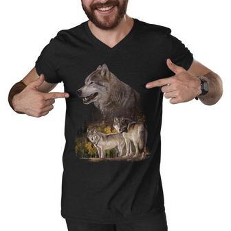 Three Wolf Collage Tshirt Men V-Neck Tshirt - Monsterry