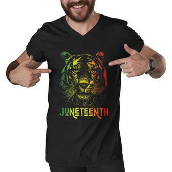 Tiger Juneteenth Cool Black History African American Flag Graphic Design Printed Casual Daily Basic Men V-Neck Tshirt - Thegiftio UK