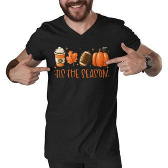 Tis The Season Pumpkin Leaf Latte Fall Thanksgiving Football Men V-Neck Tshirt - Thegiftio UK