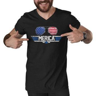 Top Merica Sunglasses For 4Th Of July Us Patriotic America Men V-Neck Tshirt - Thegiftio UK