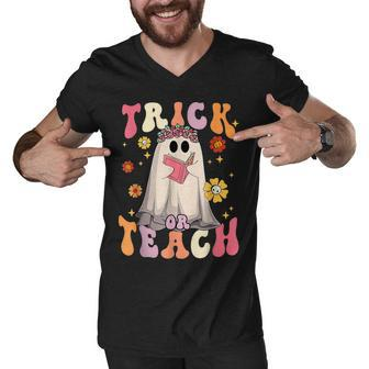 Trick Or Teach Groovy Halloween Retro Floral Ghost Teacher Men V-Neck Tshirt - Thegiftio UK
