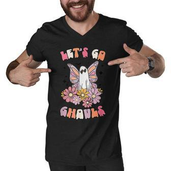 Trick Or Treat Groovy Lets Go Ghouls Floral Ghost Halloween Men V-Neck Tshirt - Thegiftio UK