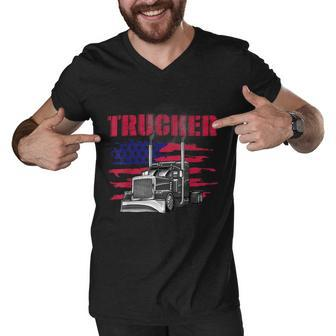 Trucker Truck Driver American Flag Trucker Men V-Neck Tshirt - Seseable