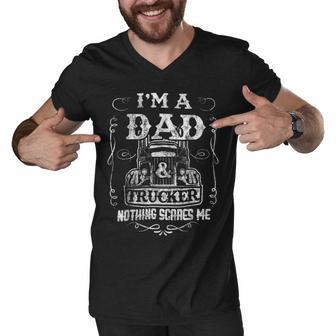 Trucker Truck Driver Fun Fathers Day Im A Dad And Trucker Vintage Men V-Neck Tshirt - Seseable