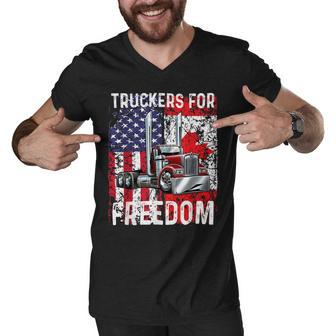 Trucker Trucker For Freedom Convoy 2022 American Canadian Flag Men V-Neck Tshirt - Seseable