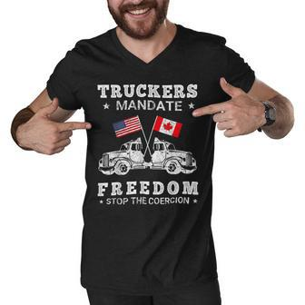 Trucker Truckers Mandate Freedom Stop The Coercion Usa Canada Flags Men V-Neck Tshirt - Seseable