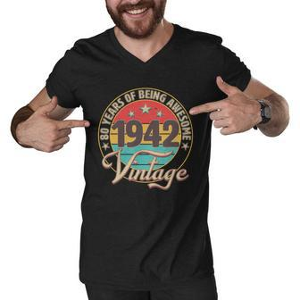 Vintage 1942 Birthday 80 Years Of Being Awesome Emblem Men V-Neck Tshirt - Monsterry