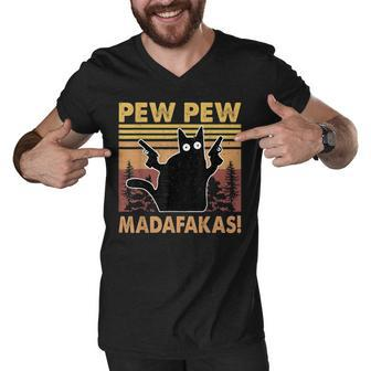 Vintage Black Cat Pew Pew Madafakas Funny Crazy Cat Lovers V2 Men V-Neck Tshirt - Seseable