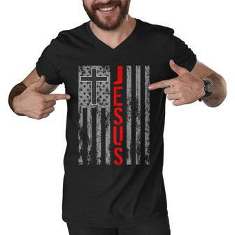 Vintage Jesus Usa American Flag Catholic Christion Cross Tshirt Men V-Neck Tshirt - Monsterry DE